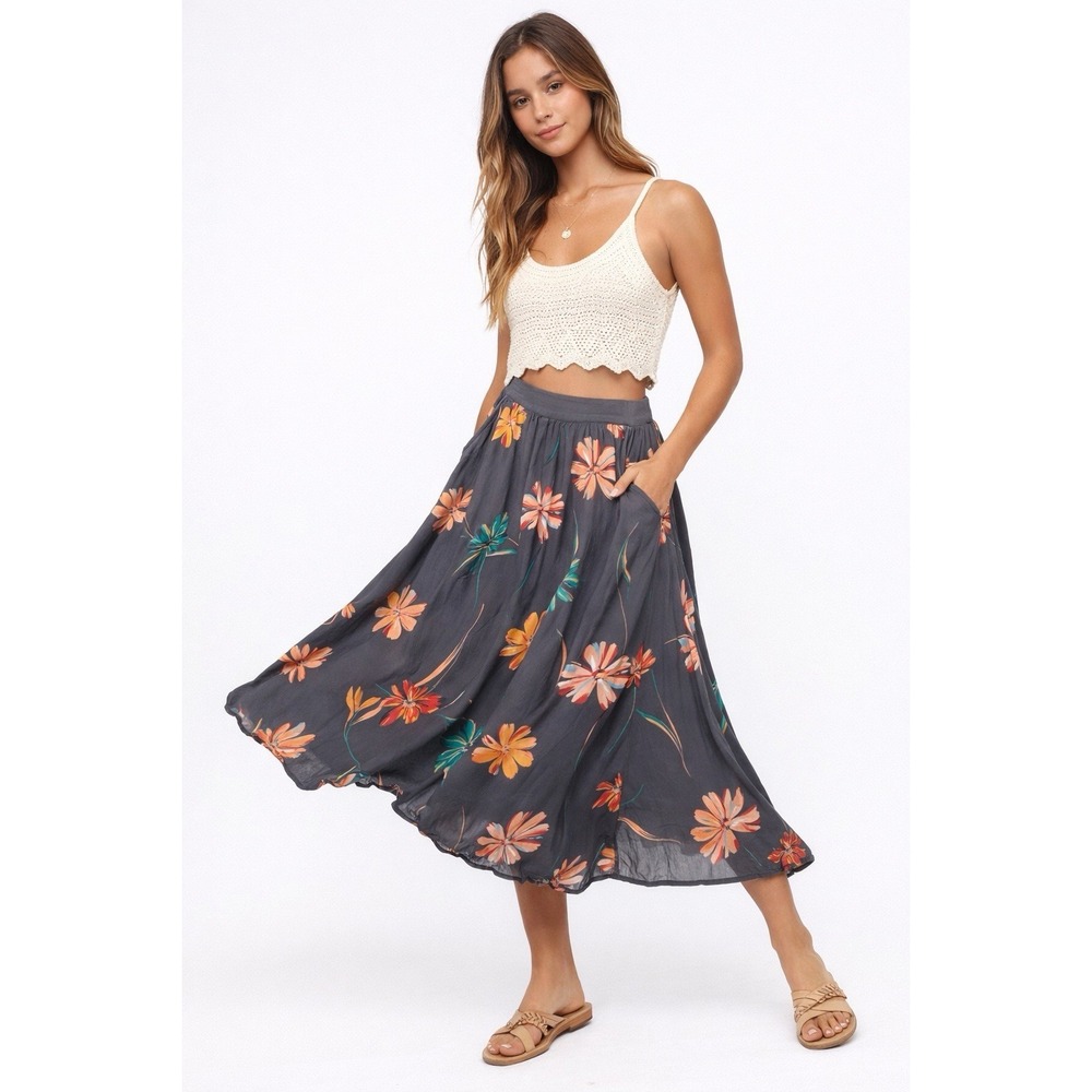 O'Neill Charcoal Floral Elastic-Waist Midi Skirt